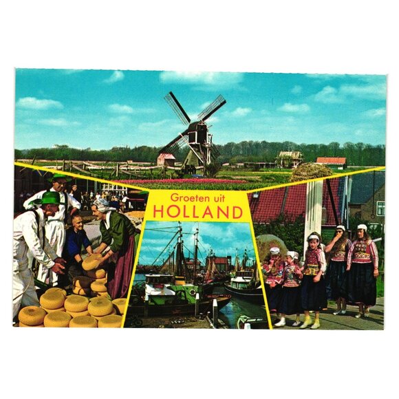 Vintage Holland Postcard Windmill Cheese Boats Folk Costumes Multiview Unused - Picture 1 of 2